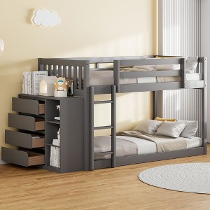 NicBex Twin Over Twin/Full Over Full Bunk Bed with Built-in Design and Fence,Loft Bed with 4 Drawers and 3 Shelves for Bedroom,White/Gray/Espresso - 1 of 4