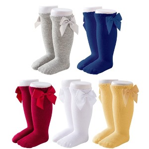 Cozyway Baby & Toddler Knee High Bow Socks, 5 Pack for Girls, White/Blue/Yellow/Gray/Red, 9-18 Months Old - 1 of 4