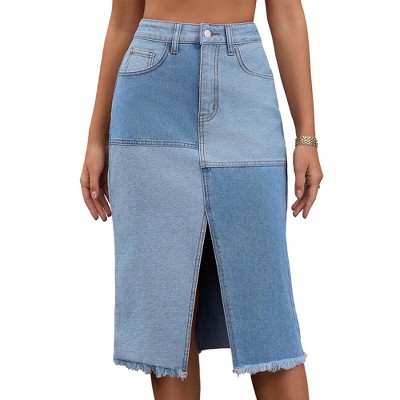 INSPIRE CHIC Women's Denim Color Block Patchwork Raw Hem Split with Pockets Midi Skirts