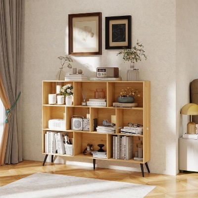 Acekool 10-Cube 3-Tier Bookshelf, Natural Wooden Shelf Bookcase Organizer, Modern Storage Cabinet with 5 Iron Legs, for Living Room, Bedroom, Office