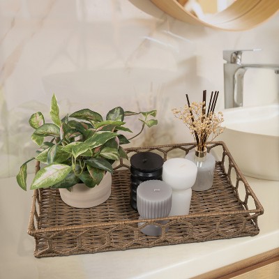 Natural Hand-Woven Rattan Rectangular Tray with Iron Frame