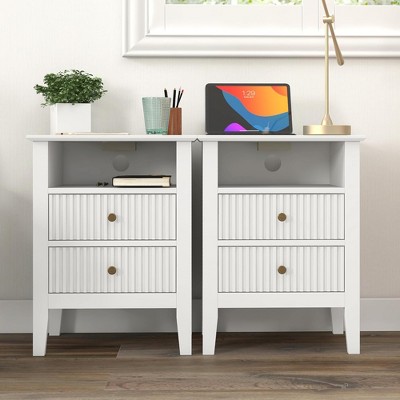 RoyalCrafted Fluted Nightstand, Wooden End Table Set with 2 Storage Drawers and Charging Station for Bedroom or Home Office, Set of 2, White
