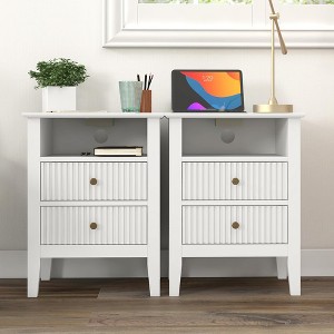 RoyalCrafted Fluted Nightstand, Wooden End Table Set with 2 Storage Drawers and Charging Station for Bedroom or Home Office, Set of 2, White - 1 of 4