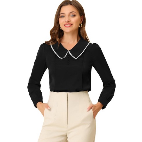 Allegra K Women's Peter Pan Collar Shirt Crochet Trim Long Sleeve Chiffon  Work Office Blouse Black Medium
