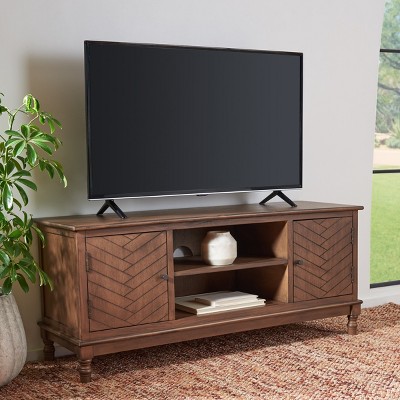 Magnolia Brown Wood Media Stand with Herringbone Doors