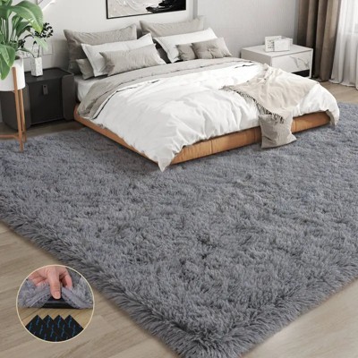 Gray Shag Area Rug, Ultra Soft 1.7" Plush, Non-Slip with Adhesive Pads, for Bedroom or Living Room