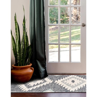 Mesa Dark Blue Geometric Wool Runner Rug with Fringe
