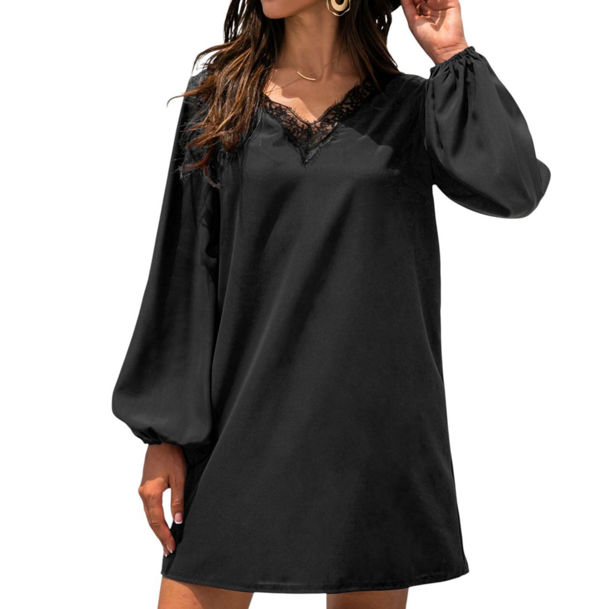 Anna-Kaci Women's Long Sleeve Mini Shift Dress with V-Neckline and Lace Trim Detail - thumbnail 2