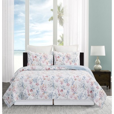 King Size Blue Cotton Reversible Coastal Quilt Set