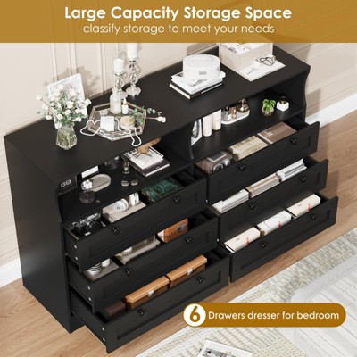 55" White Wood Dresser, 6-Drawer Dresser Storage Organizer with LED Light & Large Capacity, Modern Dresser for Bedroom, Living Room,