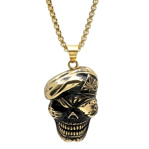 Steeltime 24" Men's 18k gold plated stainless steel skull with beret and eyepatch pendant - 1 of 4