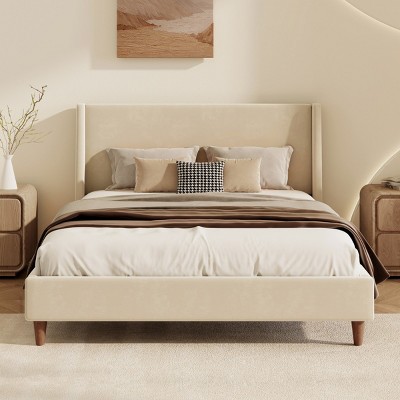 Modern King Size Upholstered Bed Frame,Solid Wood Bed Frame,Velvet Bed Frame With Wingback Headboard And Round Wooden Legs-Cuddlewood
