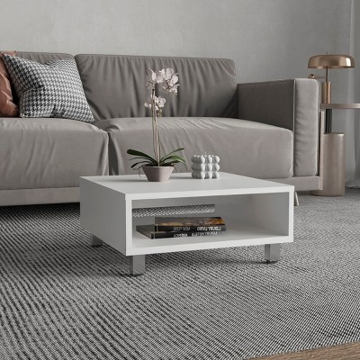 FURNIinspire Coffee Tables Modern Square Coffee Table, Side Table, Living Sofa Table With Open Storage For Home, Office, White, 23.6"*23.6"*10.6"