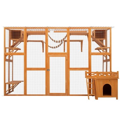LAOTIES Large Outdoor Wooden Catio,Weatherproof Cat House With PVC Roof,Window Box,Bridges,Scratching Posts,And Free Wooden Cat House