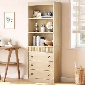 Bookshelf with Drawers 70.8" Fluted Bookcase, Light Wood Bookshelf 6 Tier Bookcase with Storage, Tall Book Shelf with Waved Design - 1 of 4