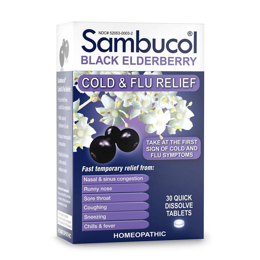 Sambucol Black Elderberry Homeopathic Cold & Flu Relief Tablets - 30ct Get fast, temporary relief from cold and flu symptoms with Sambucol Black Elderberry Homeopathic Cold and Flu Relief Tablets. Take at the first sign of symptoms to help relieve nasal and sinus congestion, runny nose, sore throat, coughing, sneezing, chills and fever. The quick-dissolving tablets melt in your mouth with no water needed. Non-drowsy, non-habit forming and suitable for adults and kids ages 4 and up.** **Claims based on traditional homeopathic practice, not accepted medical evidence. Not FDA evaluated.