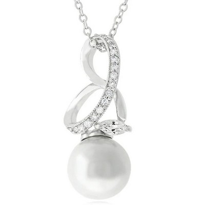 ShineHigh Royalty Pearl Pendant Necklace – Rhodium Plated with Cubic Zirconia and 12mm Round Simulated Pearl – Elegant Wedding & Classic Gift