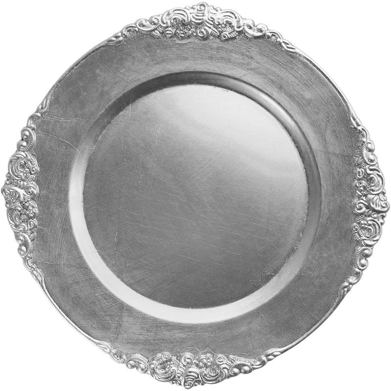 ChargeIt by Jay Leaf Charger Plate 13 Decorative Melamine Service Plate for Home, Professional Dining, Weddings, Set of 4,Silver, 2 of 4