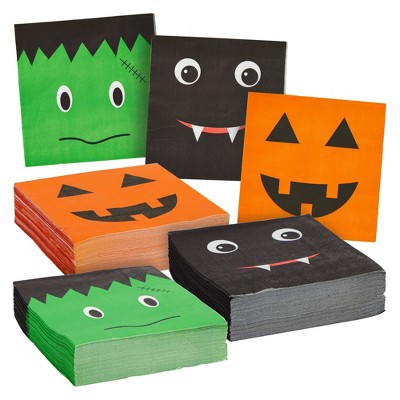 Blue Panda 150 Pack Halloween Paper Napkins Party Supplies, Jack-O-Lantern, Bat, and Frankenstein Design, 5 x 5 In