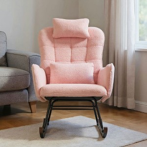 Resenkos Nursery Rocking Chair, Curved Base, Headrest, Lumber Pillow, Nursing Chair with High Back for Living Room, Bedroom, Cream White - 1 of 4