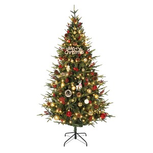 6.5Ft Artificial Christmas Tree, Pre Decorated Christmas Tree with Pine Cones & Red Berries, Metal Stand for Home, Xmas Trees for Home, Office - 1 of 4