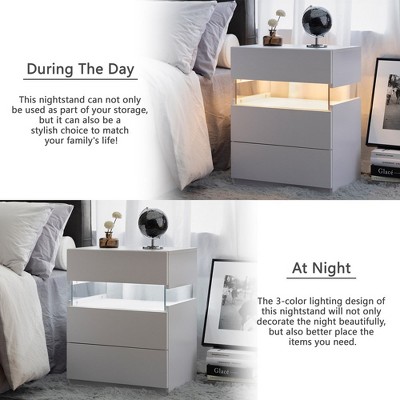White 3-Drawer LED Nightstand with Acrylic Panels