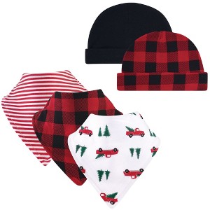 Hudson Baby Infant Boy Cotton Bib and Caps Set 5pk, Christmas Tree, One Size - 1 of 2