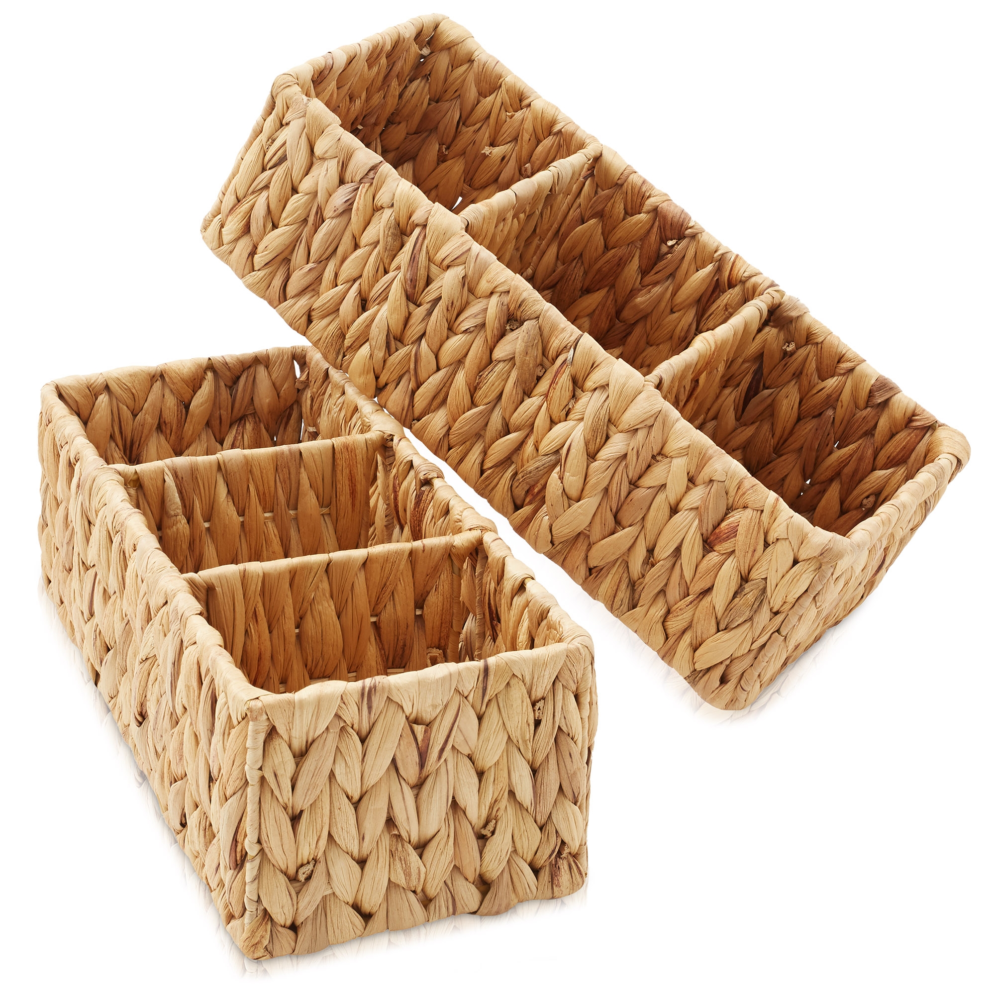 Casafield Set of 2 Water Hyacinth Storage Baskets with 3 Sections, Natural - Woven Organizer Bins for Bathroom, Laundry, Pantry, Office, Shelves