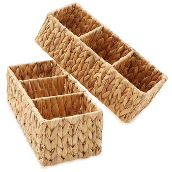 Casafield Set of 2 Water Hyacinth Storage Baskets, Espresso - Divided Woven Organizer Bins for Bathroom, Laundry, Pantry, Office, Shelves