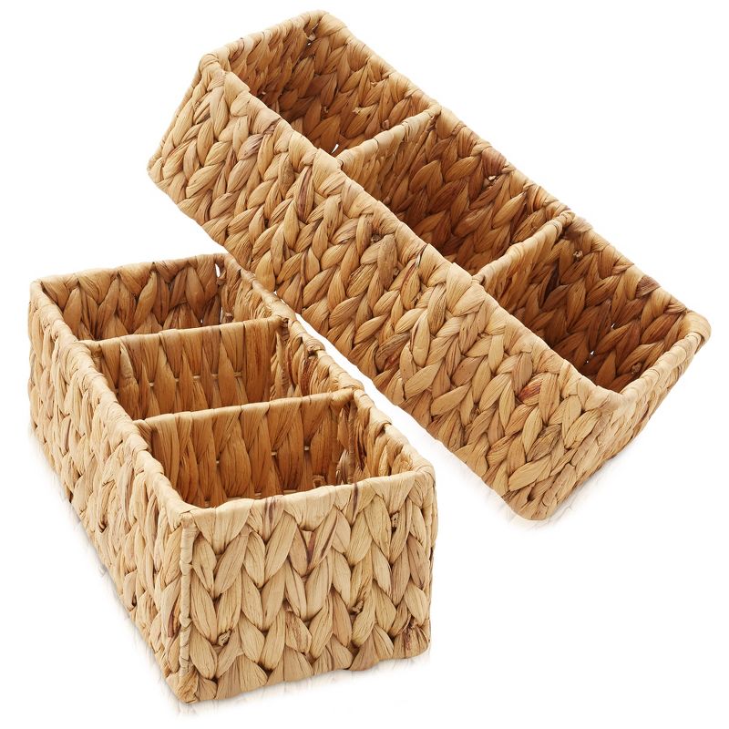 Casafield Set of 2 Water Hyacinth Storage Baskets, Espresso - Divided Woven Organizer Bins for Bathroom, Laundry, Pantry, Office, Shelves, 1 of 7