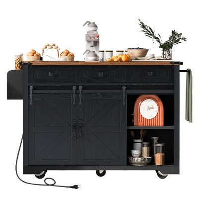 53.7" Farmhouse Kitchen Island With Power Outlet, 2 Sliding Barn Door, Kitchen Storage Island W/Drop Leaf, Spice Rack, Rolling Kitchen Cart, Black
