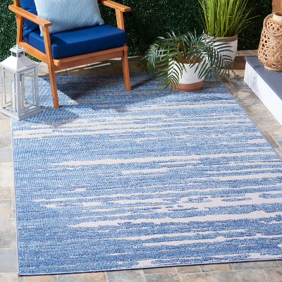 Blue and Beige Geometric Synthetic Square Rug