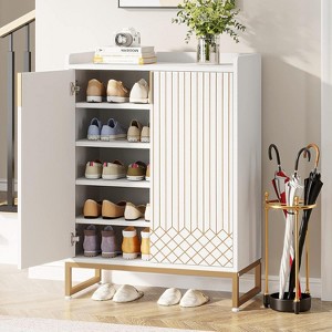 MOEPISY 29.52 Inches White & Gold Shoe Cabinet with Doors, 5 Tiers Shoe Storage Organizer - 1 of 4