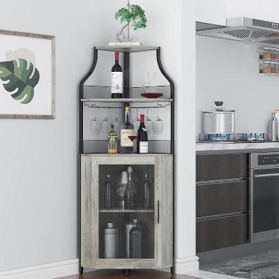 Corner Bar Cabinet with Glass Holder, Industrial Wine Cabinet with Adjustable Shelf, Liquor Cabinet Bar Cabinet, Corner Display Cabinet