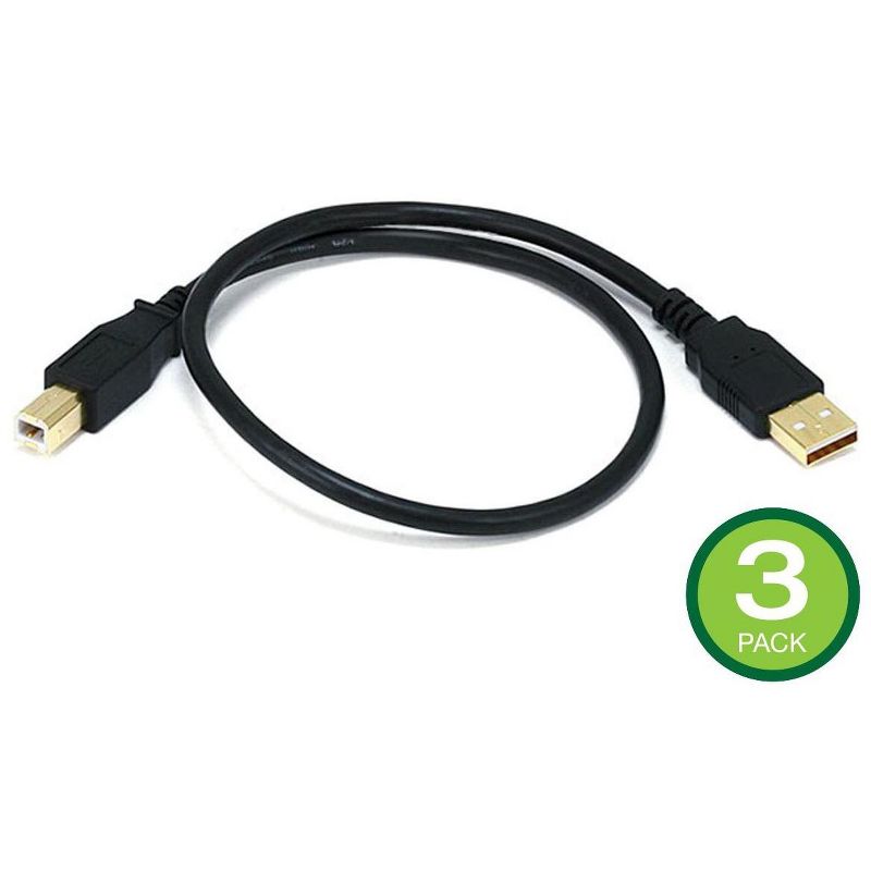 Monoprice USB Type-A to USB Type-B 2.0 Cable - 1.5 Feet - Black (3 Pack) 28/24AWG, Gold Plated Connectors, For Printers, Scanners, and other, 1 of 4