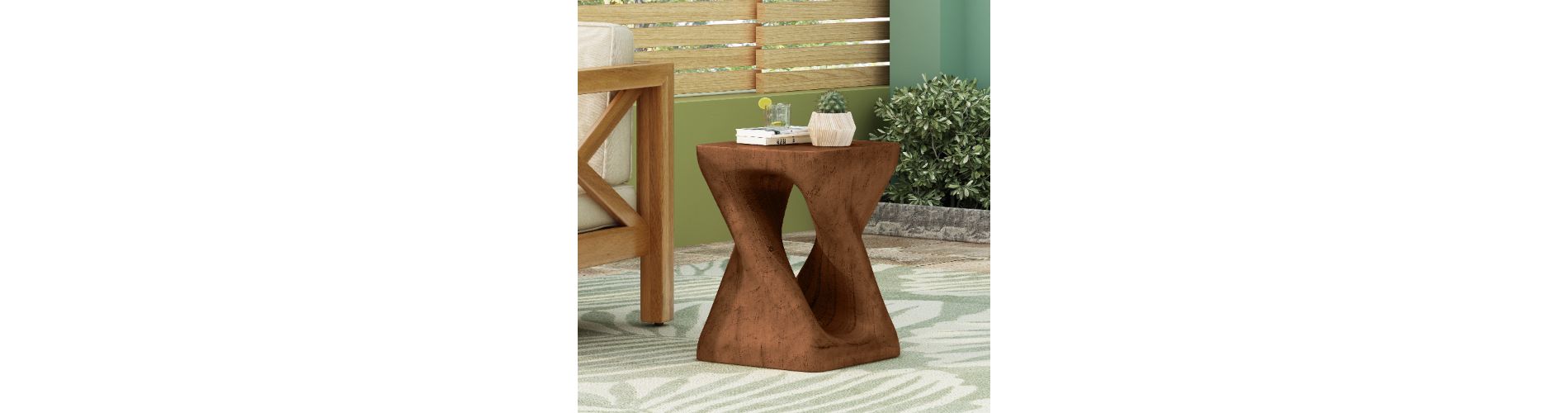 Lyngins Twisted Spiral Patio End Tables, MGO Brown Accent Table, Wood-Look Outdoor End Table for Patio or Indoor, Outdoor Side Table