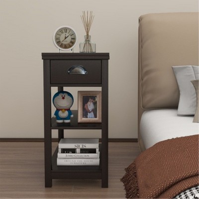 Slim Side Table with Drawers and Flip-Over Bottom Shelf, Space-Efficient Design