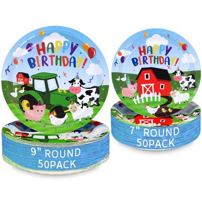 DYLIVeS Farm Animals Party Paper Plates,100 Pack Disposable Paper Dinner Plates Cow Animals Party Plates Farm House Theme Birthday Party Decorations