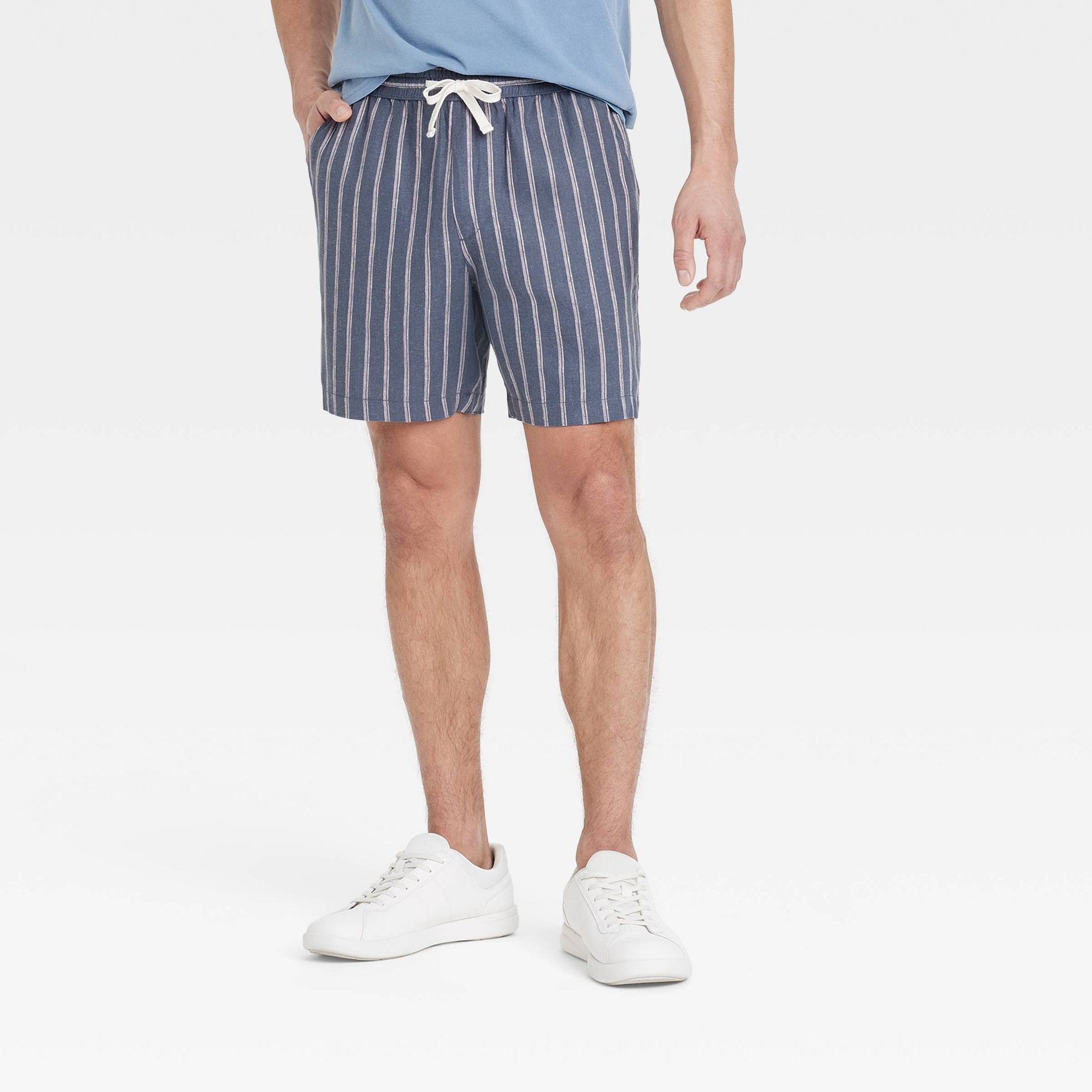 Men's 7" Elevated Linen Blend Pull-On Shorts - Goodfellow & Co™ - Blue Stripe XS: Mid Rise, Side Pocket
