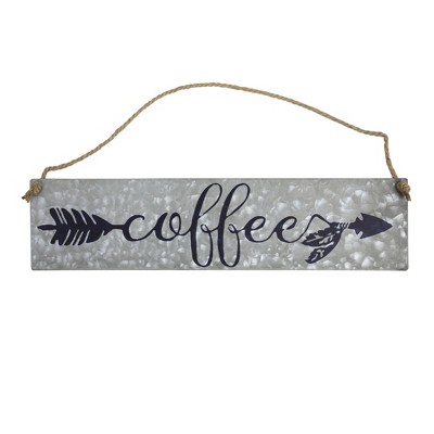 11" x 20" Coffee Galvanized Metal Vintage Hanging Wall Sign with Rope - American Art Decor