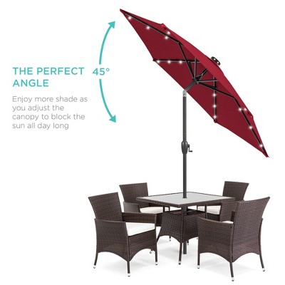 Burgundy Solar-Powered Tilting Patio Umbrella with LED Lights and Steel Pole