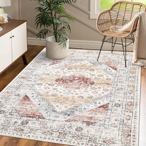 Washable Carpet, Vintage Distressed, Non-Slip, Non-Shedding Backing, Floor Cover, Soft, Short Pile, Foldable, Floral Badge Print Decorative Carpet - 1 of 4