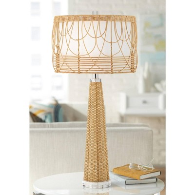 Large Beige Faux Rattan Coastal Table Lamp with White Shade