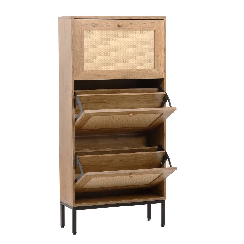 Freestanding Rattan Shoe Cabinet With 3 Flip Drawers and Metal Legs For Entrance, Hallway and Bedroom, Natural - ModernLuxe, 2 of 7