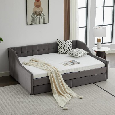 Racxily Daybed Corner Bed Sofa Bed with Drawers, Velvet Upholstered Daybed w/ Storage, Wood Slat Support,