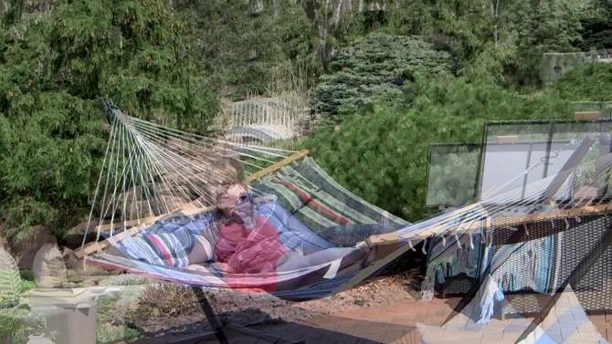 Sunnydaze Outdoor 2-Person Double Polyester Quilted Hammock with Wood Spreader Bar and 12ft Black Steel Stand, 2 of 22, play video