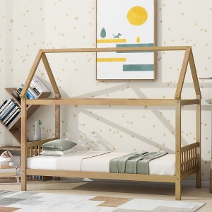 TIRAMISUBEST Twin Size House Bed with Headboard and Footboard, Rubber Wood House Daybed with Roof Design and Slats Support - 1 of 4