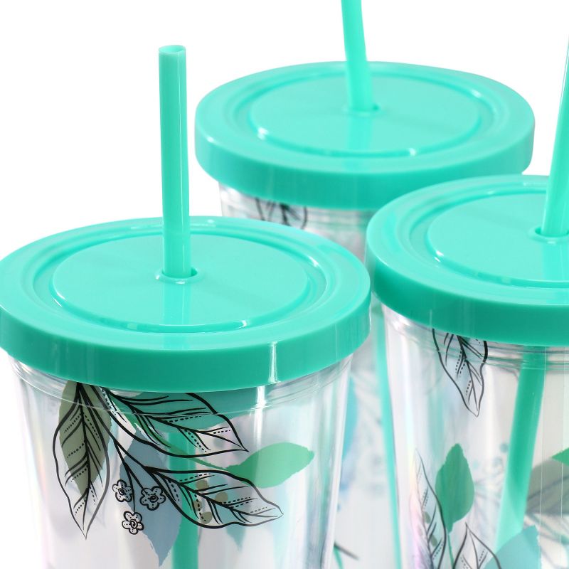 Gibson Home Tropical Sway Vineyard 6 Piece 24 Ounce Double Wall Plastic Tumbler Set with Lid & Straw in Teal, 3 of 6