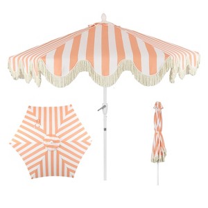 JONATHAN Y Collins 9 ft. Classic Cottage Tassel Market Patio Umbrella with Auto-Tilt, Crank, Wind Vent and UV Protection - 1 of 4