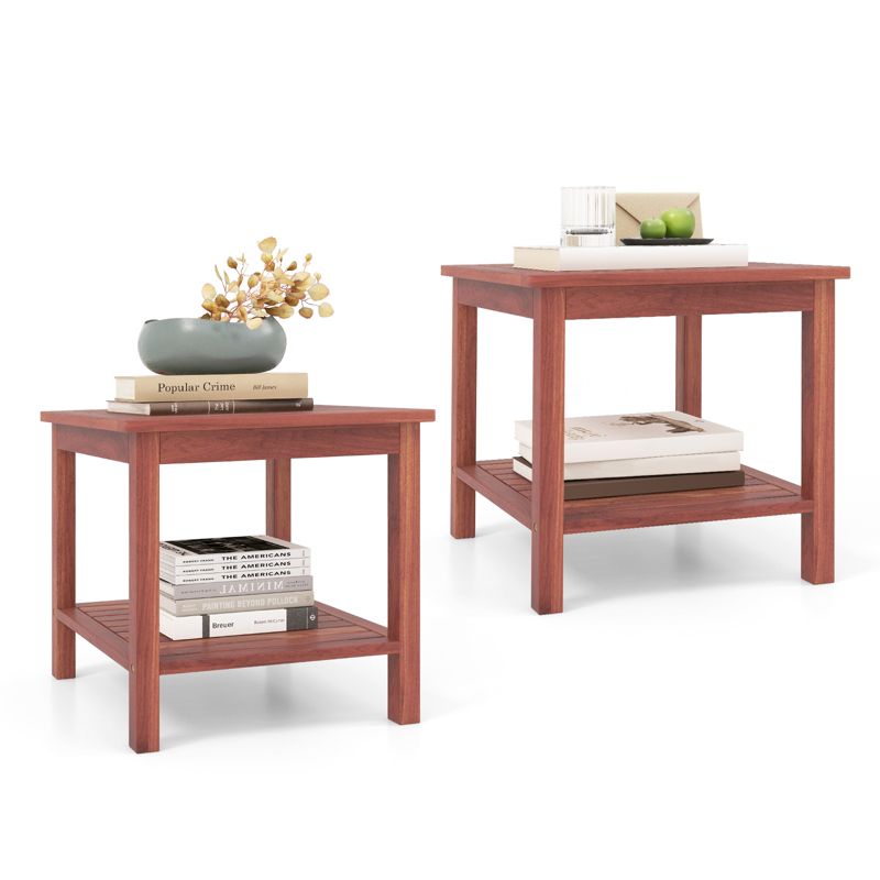 Tangkula 1pc/2pcs Patio Side Table Double-Tier Acacia Wood End Table Slatted Tabletop & Shelf Outdoor Small Side Table with Storage, 1 of 9